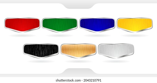 set of seven colorful stickers labels. Label Sign Triangle rounded model with isolated backgrounds, applicable for banner, tag, and emblem.