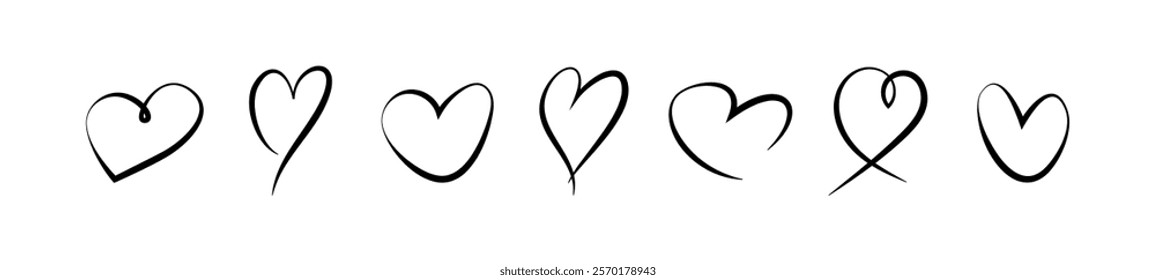 Set of seven continuous line black hearts, symbolizing love and romance, isolated on a white background. Vector illustration
