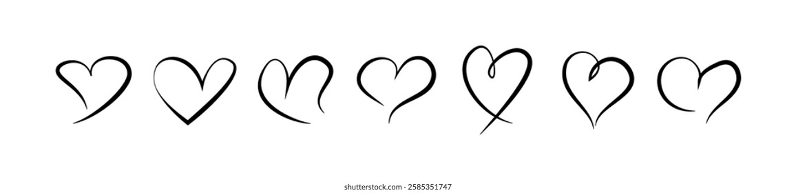 Set of seven continuous line black hearts, symbolizing love and romance, isolated on a white background. Vector illustration