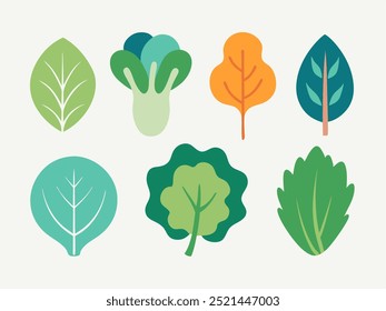 A set of seven cute and colorful illustrations of leaves and a leafy vegetable, perfect for adding a touch of nature to your designs. These whimsical graphics are ideal for kids' products, projects.