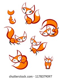 Set of seven cute foxes. Vector color illustration. Foxes icon.