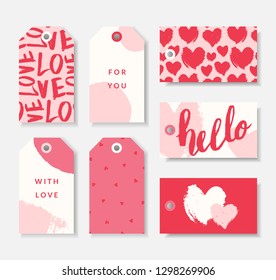 A set of seven cute romantic gift tag templates in red, pastel pink and white. Valentine's day/ wedding favors, birthday present label vector designs.