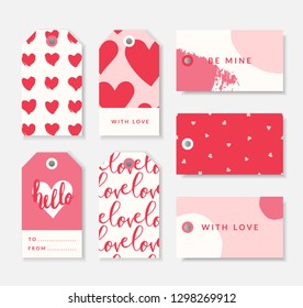 A Set Of Seven Cute Romantic Gift Tag Templates In Red, Pastel Pink And White. Valentine's Day/ Wedding Favors, Birthday Present Label Vector Designs.