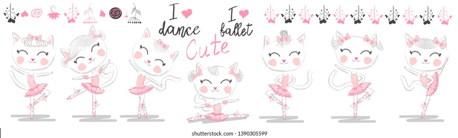 Set of seven cute white ballerina cats in pink ballet tutu and pointe