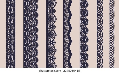 A set of seven dark-colored lace borders with different pattern styles.