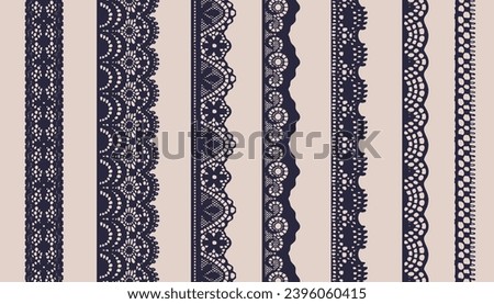 A set of seven dark-colored lace borders with different pattern styles.