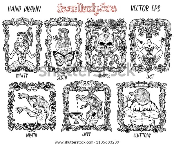 Set with seven deadly sins concept,\
black and white vector collection. Hand drawn engraved\
illustration, tattoo and t-shirt design, religious\
symbol