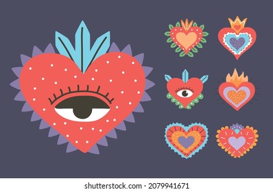 set of seven decorated heart