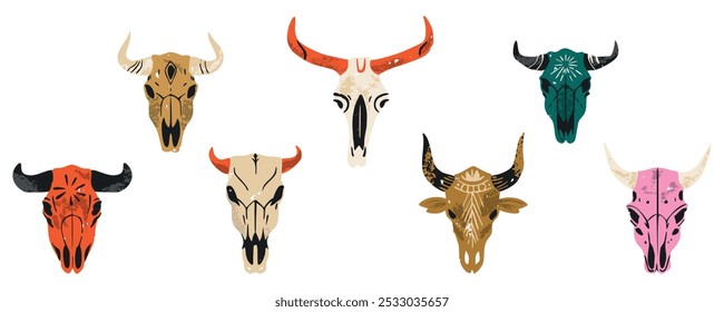 A set of seven decorative vector illustrations of bull skulls with intricate, colorful designs. Each skull is unique, featuring bold patterns, perfect for Western, tribal, or rustic-themed projects.