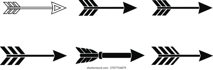 Conjunto de siete ilustraciones de flechas diferentes en blanco y negro. Vector gráfico de varios estilos de flecha.