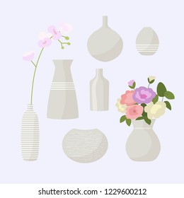 Set of seven different ceramic flower vases and two abstract flower bouquets. Vector illustration isolated in flat style