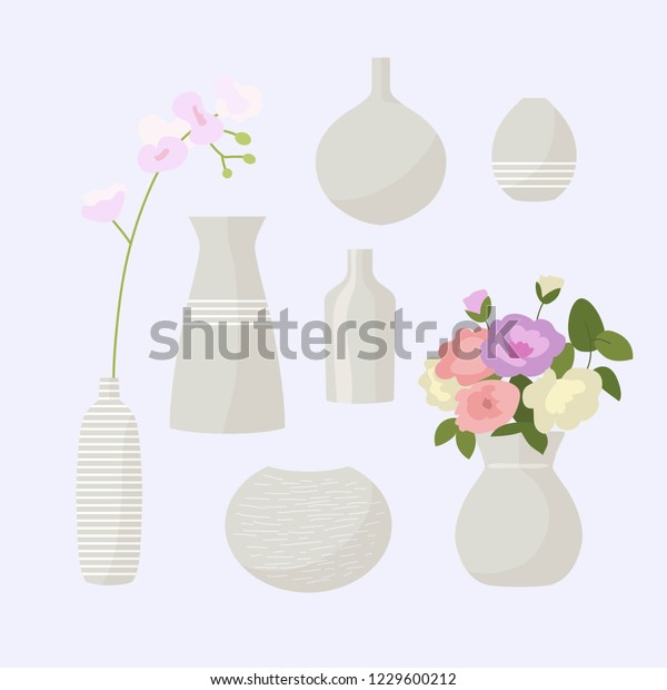 Set Seven Different Ceramic Flower Vases Stock Vector Royalty