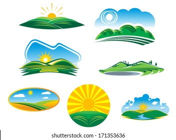 Set of seven different sunny summer landscapes logo with beautiful green fields and hills basking in the rays of sunshine, cartoon illustrations