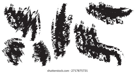 Un conjunto de siete pinceladas de tinta negra distintas, que varían en tamaño y forma, dispersas en un fondo blanco limpio.