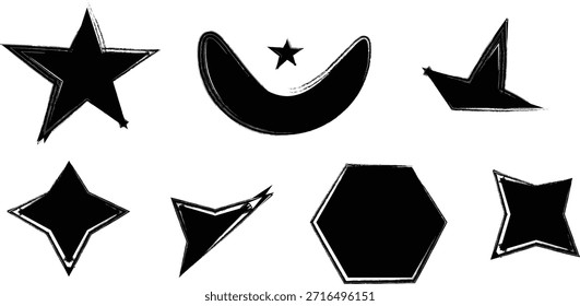 A set of seven distinct black shapes including a star, crescent, bird, diamond, triangle, pentagon, and pillow, arranged on a plain white background