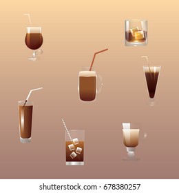 Set of seven drinks of brown tone - in transparent glasses of different shapes - cognac, cocktail, smoothies, coffee liqueur - on light beige background - art creative modern vector