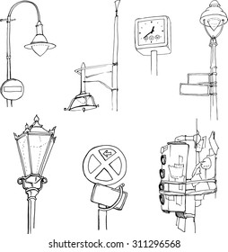 Set of seven elements of cityscape: streetlights, street signs, traffic light