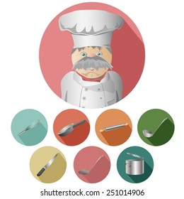 Set of seven elements of cooking utensils and icon chef. Vector copy