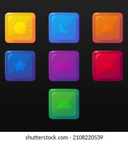 Set of seven elements with squares for game design. Various blocks with elements of nature. Templates for mobile, client and browser applications. Volumetric vector colorful objects for stylization.