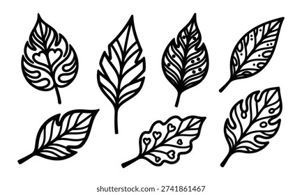 Set of seven etailed illustrations of various leaves with different patterns
