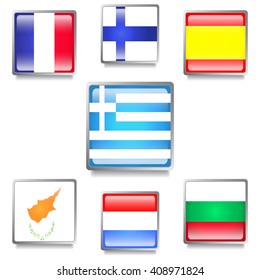Set with Seven European Countries Flags Made as Glossy Web Buttons with Grey Frames