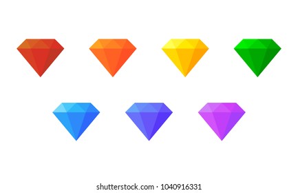 Set of seven flat diamonds in the colors of the rainbow.