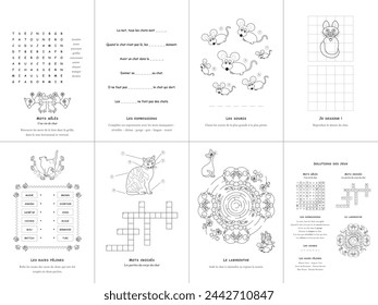 Satz von sieben Spielen. In: Cats Theme. Französische Sprache. Vektorgrafik. Set Nr. 1.