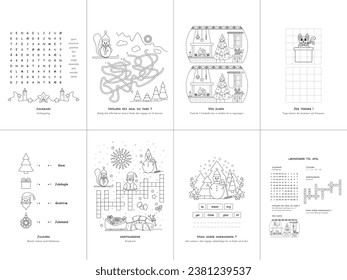 Set of seven games. Christmas Theme. Game and coloring page for kids. Danish language. Vector illustration. Set No. 1.