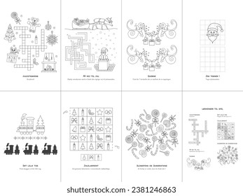 Set of seven games. Christmas Theme. Game and coloring page for kids. Danish language. Vector illustration. Set No. 2.	