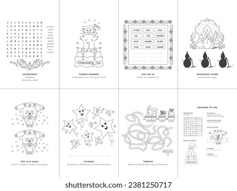 Set of seven games. Christmas Theme. Game and coloring page for kids. Danish language. Vector illustration. Set No. 3.	