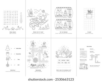 Set of seven games. Christmas Theme. Game and coloring page for kids. English language. Vector illustration. Set No. 1.