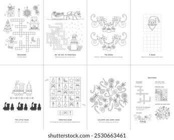 Conjunto de siete juegos. Tema de Navidades. Juego y página para colorear para los niños. Idioma inglés. Ilustración vectorial. Conjunto n.º 2.