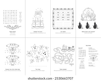 Set of seven games. Christmas Theme. Game and coloring page for kids. English language. Vector illustration. Set No. 3.