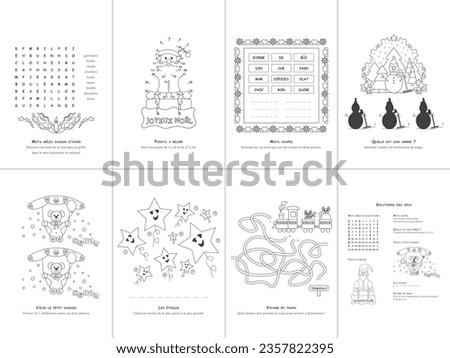 Set of seven games. Christmas Theme. Game and coloring page for kids. French language. Vector illustration. Set No. 3.