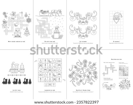 Set of seven games. Christmas Theme. Game and coloring page for kids. French language. Vector illustration. Set No. 2.