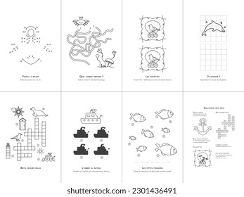 Set of seven games on the theme of the sea. Game and coloring page for kids. French language. Vector illustration. Set No. 1.	