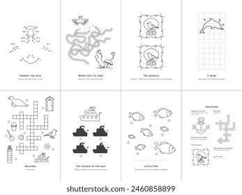 Set of seven games on the theme of the sea. Game and coloring page for kids. English language. Vector illustration. Set No. 1.	