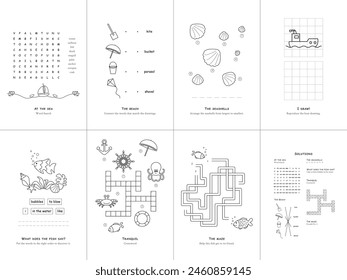 Set von sieben Spielen zum Thema Meer. Spiel- und Malseite für Kinder. Englisch. Vektorillustration. Satz Nr. 2.	