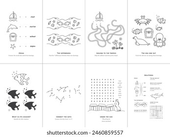 Set von sieben Spielen zum Thema Meer. Spiel- und Malseite für Kinder. Englisch. Vektorillustration. Satz Nr. 3.	