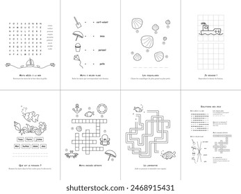 Set of seven games on the theme of the sea. Game and coloring page for kids. French language. Vector illustration. Set No. 2.	