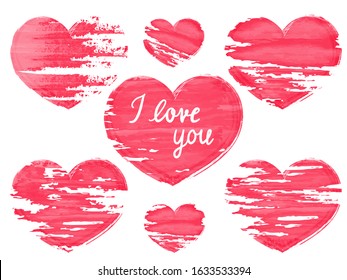 Set of seven grunge hearts. Hand drawn text on heart. I love you. Vector elements with effect of watercolor, scratches on them, and fading paint. Valentine's day symbol. Decorative print. Valentines