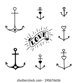 Set of seven hand drawn anchors in tattoo style