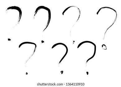 set of seven hand drawn question marks white background