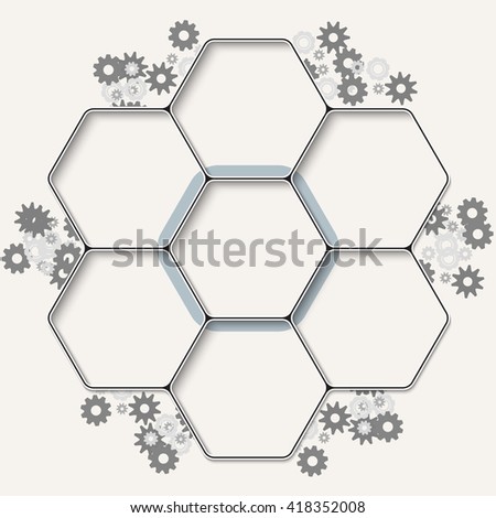 Set of seven hexagons for your text and cogwheels