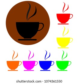 Set of seven hot coffee cups, black, red, green, yellow, smoke, white background