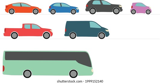 Set Of Seven Illustrated Vehicles. Vectors, Cartoonish, For Animation, Videos, Or Vector Art. Adjustable Eps File With Layers. Four Types Of Cars, A Van, A Pickup Truck, And A Bus.