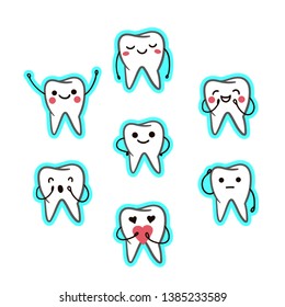 Set of seven illustrations with teeth in funny cartoon style. Tooth  Stickers on a blue background. - Vector