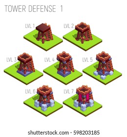 Set of seven isometric medieval tower defense for game isolated on white background. Vector illustration.