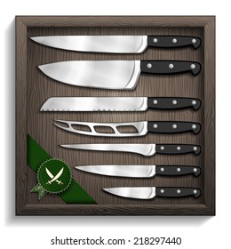 Set of seven of kitchen knives in a wooden box with green label. Vector illustration.