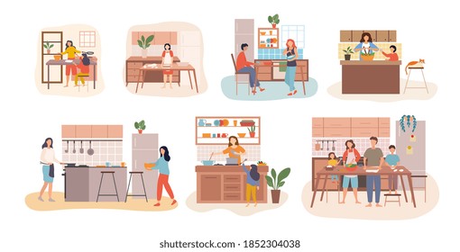 Set of seven kitchen scenes showing people cooking with housewives, kids, young families and couples in different activities, colored flat cartoon vector illustration